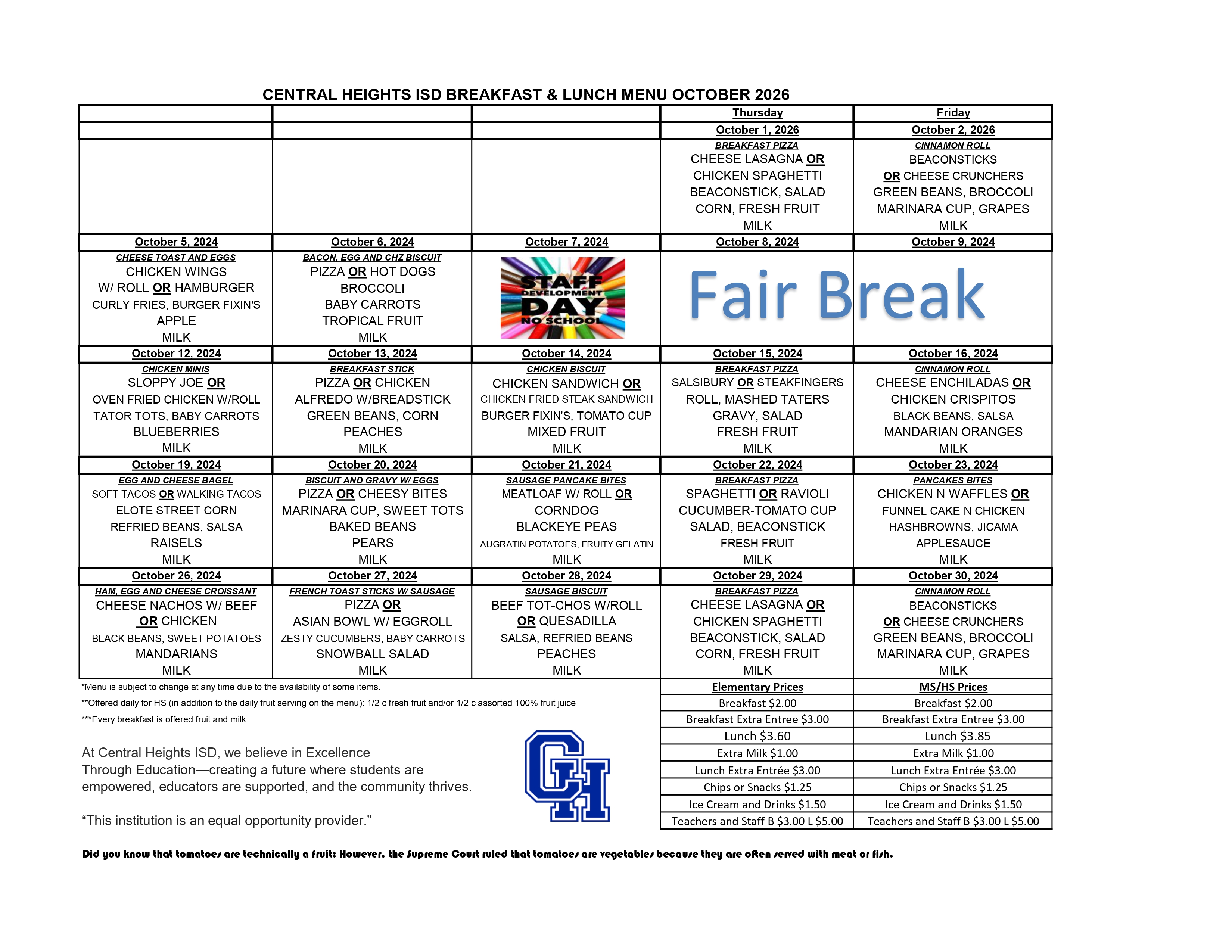 A schedule chart outlining daily events and activities with a 'Fair Break' marked on Thursday and Friday.